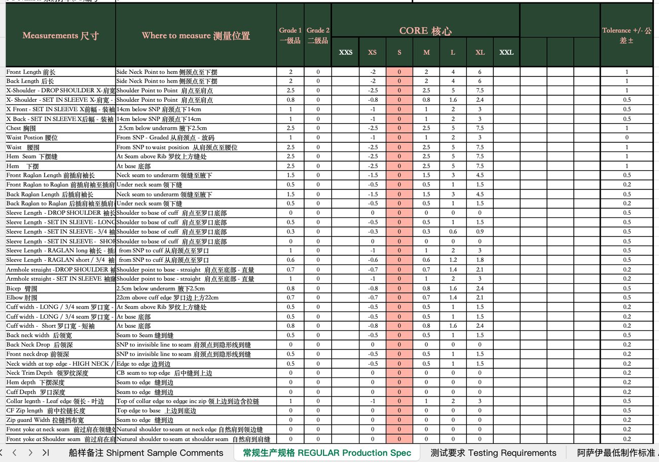 Excel 尺寸表 / 生产规格·翻译后