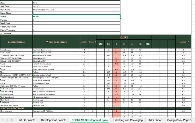 Excel 尺寸表 / 生产规格·翻译前原文